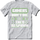 Gamers don't die pixel T-shirt | Groen | Gaming kleding | Grappig game verjaardag cadeau shirt Heren – Dames – Unisex | - Licht Grijs - Gemaleerd - S