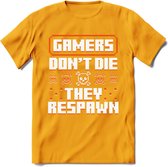 Gamers don't die pixel T-shirt | Oranje | Gaming kleding | Grappig game verjaardag cadeau shirt Heren – Dames – Unisex | - Geel - M