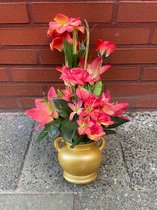 Kunststof Plant/Bloem - Rozen - Lelie - Begonia - Gouden pot - Groene bladen - Duurzame Plant