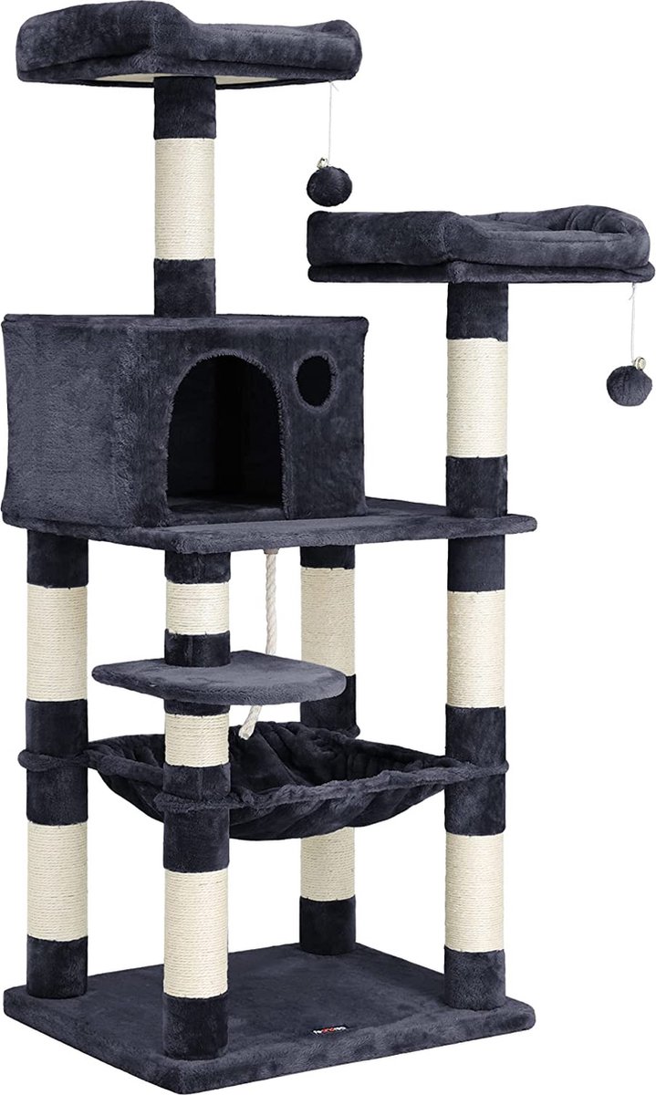 Krabpaal - 143 cm - Klimpaal voor Katten - Kattenboom - Hangmat en Grot - Met 2 gezellige uitkijkplateaus - Grijs - PCT15GYZ
