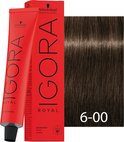 Rode verpakking en tube IGORA ROYAL haarverf, 6-00, naast een staal van bruin haar.