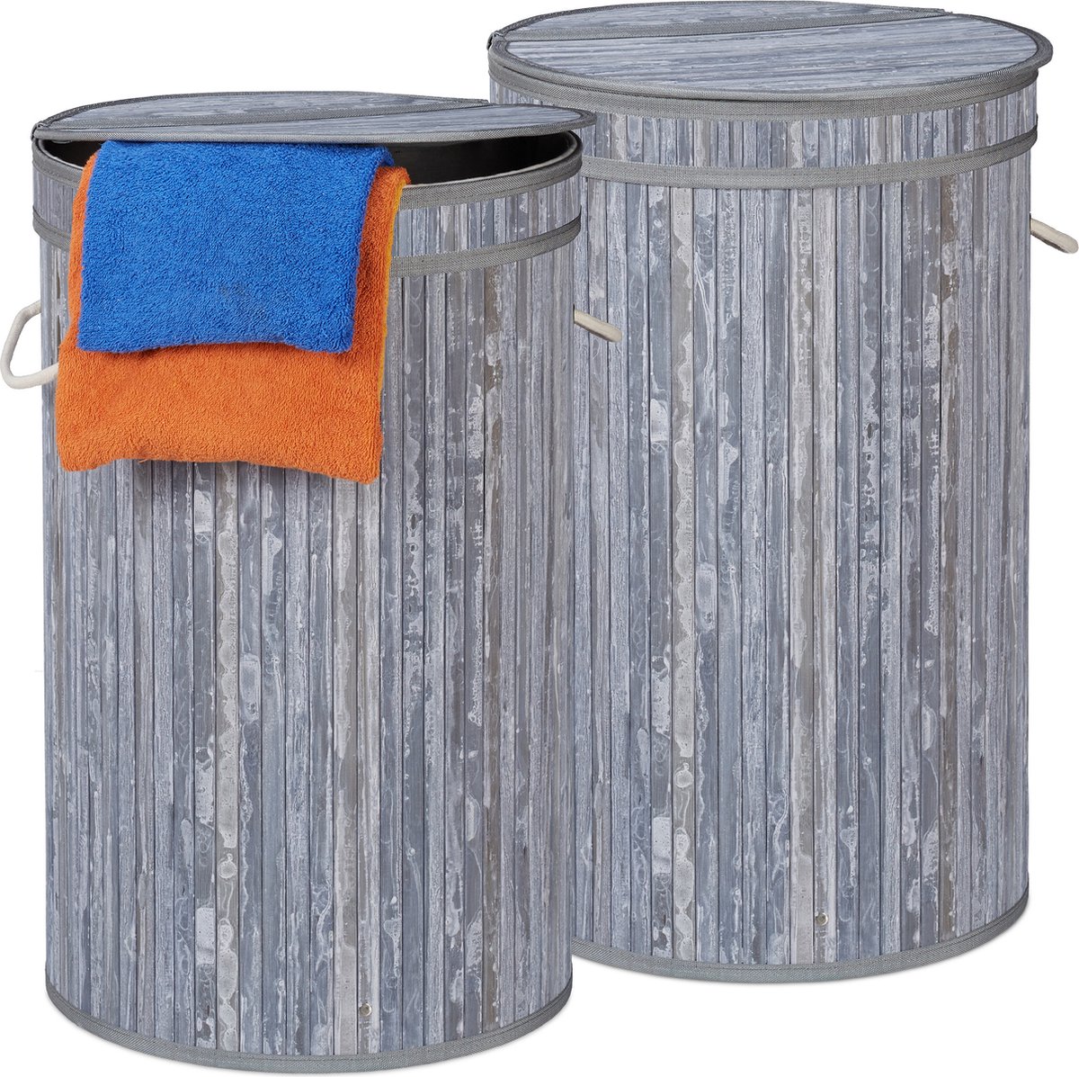 Goedkoopste 2x wasmand bamboe - ronde wasbox met deksel - 63 x 40 cm - 65 liter - grijs