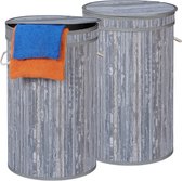 Relaxdays 2x wasmand bamboe - ronde wasbox met deksel - 63 x 40 cm - 65 liter - grijs