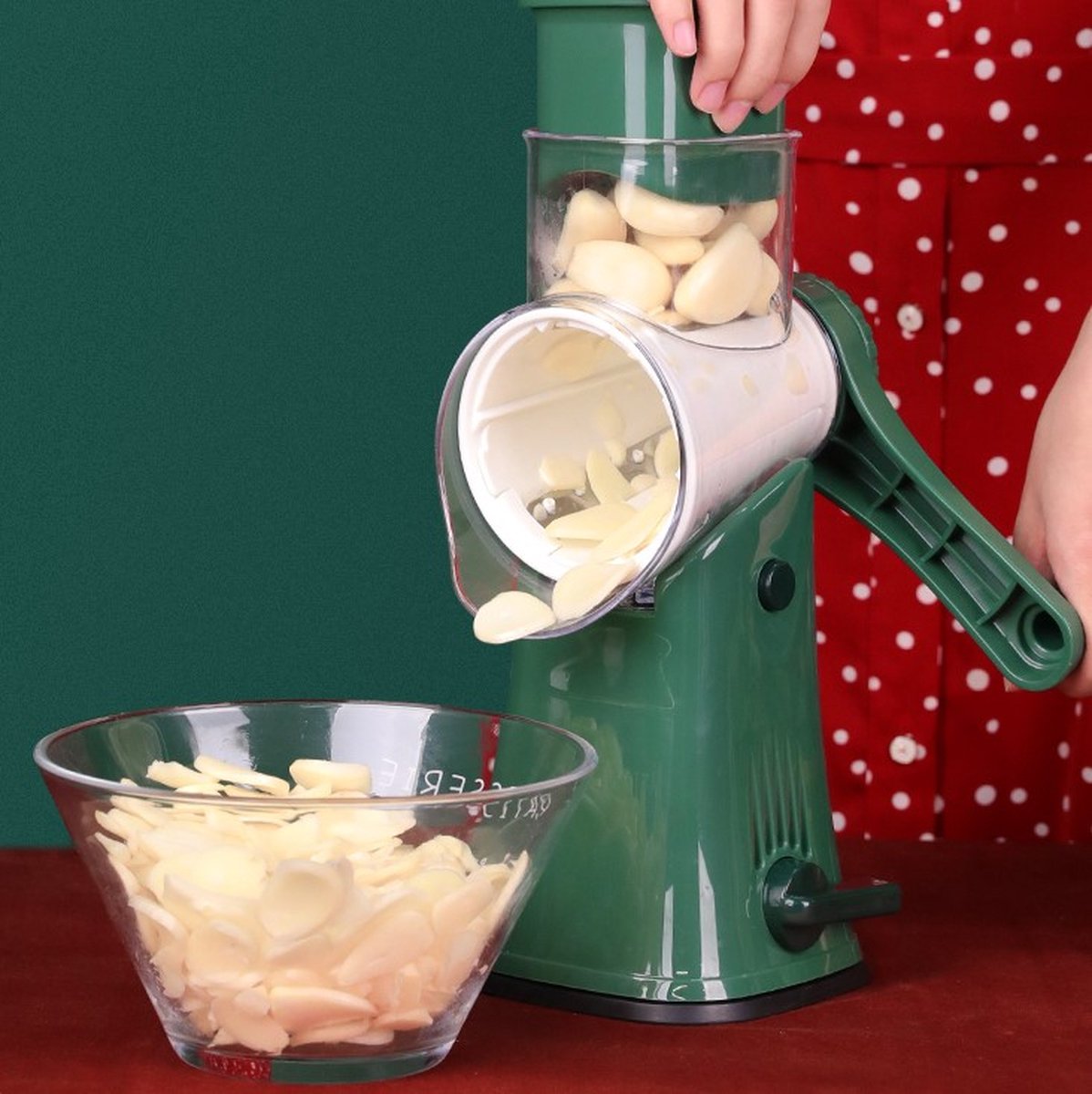 Trommelrasp, roestvrij staal, groentesnijder, handmatige groenteschaaf, aardappelrasp met zwengel en 5 trommels, multifunctionele komkommerschaaf, keukenrasp voor groenten, uien en wortels
