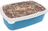 Broodtrommel Blauw - Lunchbox - Brooddoos - Vintage - Flamingo - Bladeren - Jungle - Patroon - 18x12x6 cm - Kinderen - Jongen