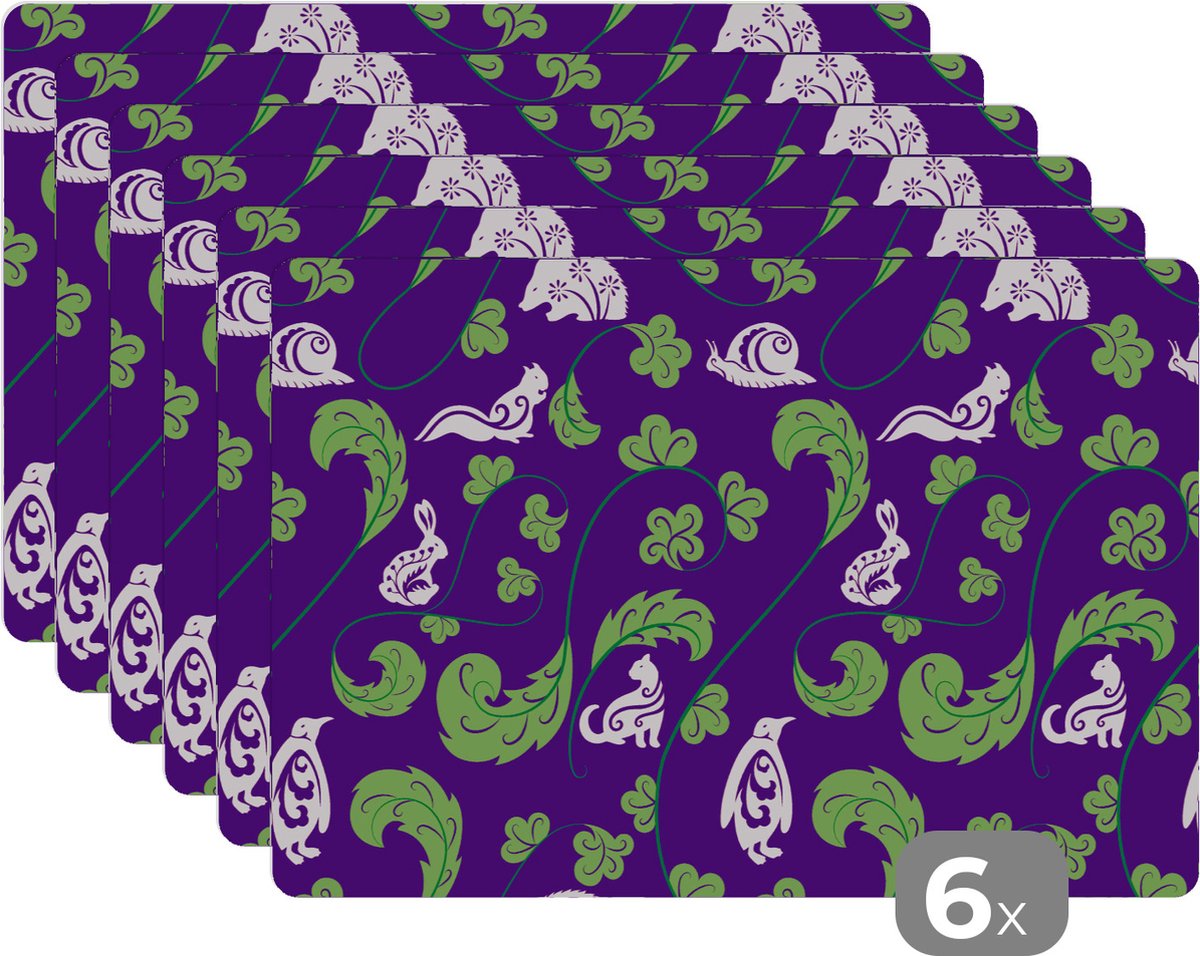Placemat - Placemats kunststof - Bladeren - Dieren - Patronen - 45x30 cm - 6 stuks - Hittebestendig - Anti-Slip - Onderlegger - Afneembaar