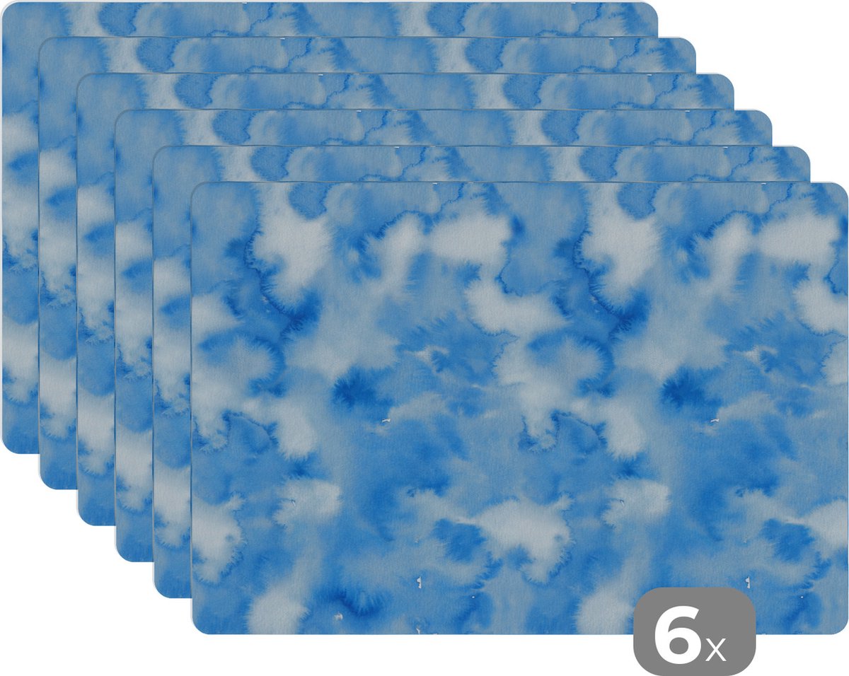 Placemat - Placemats kunststof - Waterverf - Abstract - Blauw - Patronen - 45x30 cm - 6 stuks - Hittebestendig - Anti-Slip - Onderlegger - Afneembaar