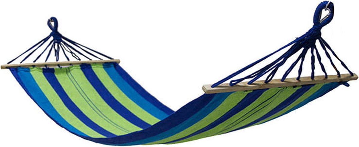 Hangmat 200 x 80 cm met dwarsstang – Groen blauw gestreept