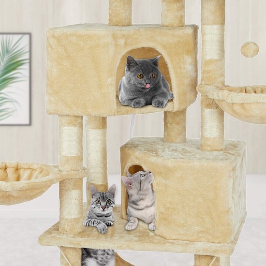 Yaheetech Krabpaal 145 cm, klimboom met 2 kattenholletjes, 3 uitzichtplatforms, kattenkrabpaal