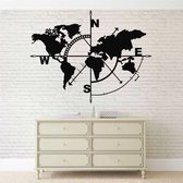Wanddecoratie |Wereldkaart Kompas /  World Map Compass  decor | Metal - Wall Art | Muurdecoratie | Woonkamer |Zwart| 140x104cm