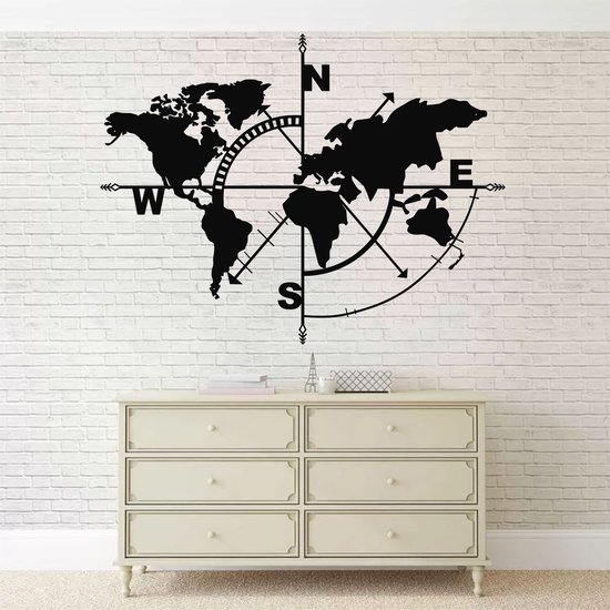 Décoration murale |Boussole de carte du Wereldkaart / Décor de Compass de carte du monde | Métal - Art mural | Décoration murale | Salle de séjour |Noir| 140x104cm