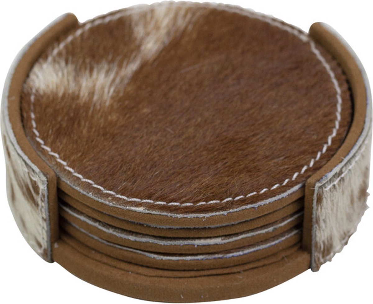 Mars & More - Onderzetter koehuid- rond - bruin/wit - 10cm - (set of 4)