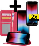 Hoesje Geschikt voor iPhone SE 2022 Hoesje Book Case Hoes Wallet Cover Met 2x Screenprotector - Hoes Geschikt voor iPhone SE (2022) Hoesje Bookcase Hoes - Donkerroze