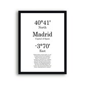 Schilderij  Steden Madrid met graden positie en tekst - Minimalistisch / Motivatie / Teksten / 50x40cm