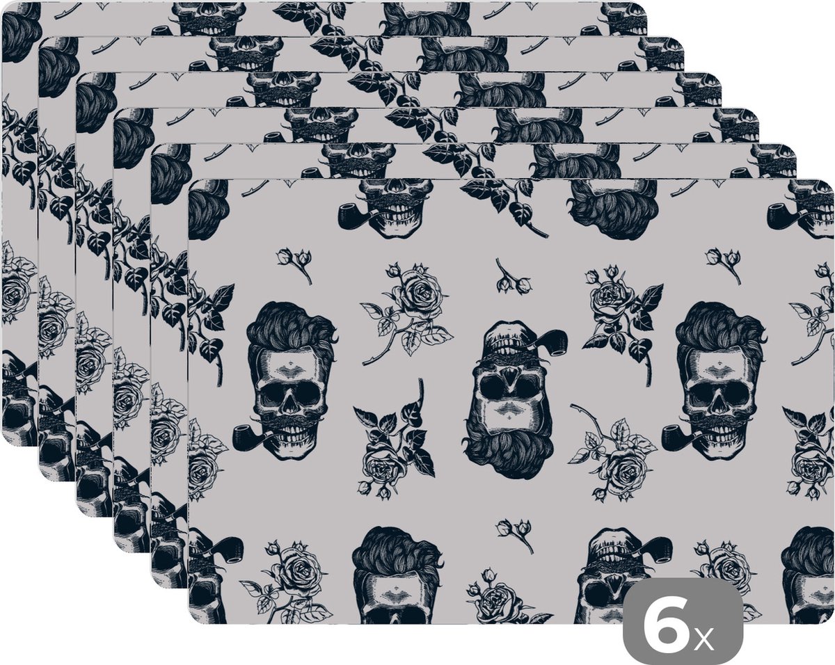 Placemat - Placemats kunststof - Patronen - Schedel - Rozen - Piraten - Jongens - Kinderen - Kids - 45x30 cm - 6 stuks - Hittebestendig - Anti-Slip - Onderlegger - Afneembaar
