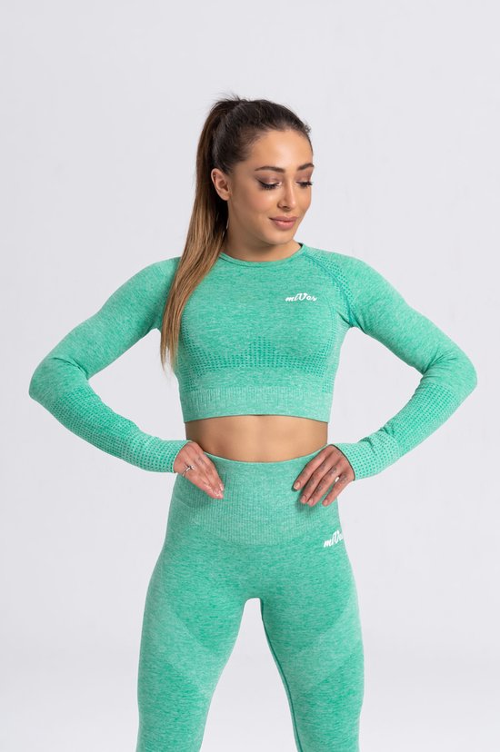Legging et haut de sport Mives® - Yoga - Ensemble de Fitness - Scrunch Butt - Legging pour femme - Fashion de Vêtements de sport - Leggings tendance - Pantalons - Sports de gym - Legging Fitness Wear - Taille haute - VERT - Taille L - MANCHES LONGUES