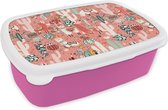 Broodtrommel Roze - Lunchbox - Brooddoos - Patroon - Jungle - Lama - 18x12x6 cm - Kinderen - Meisje