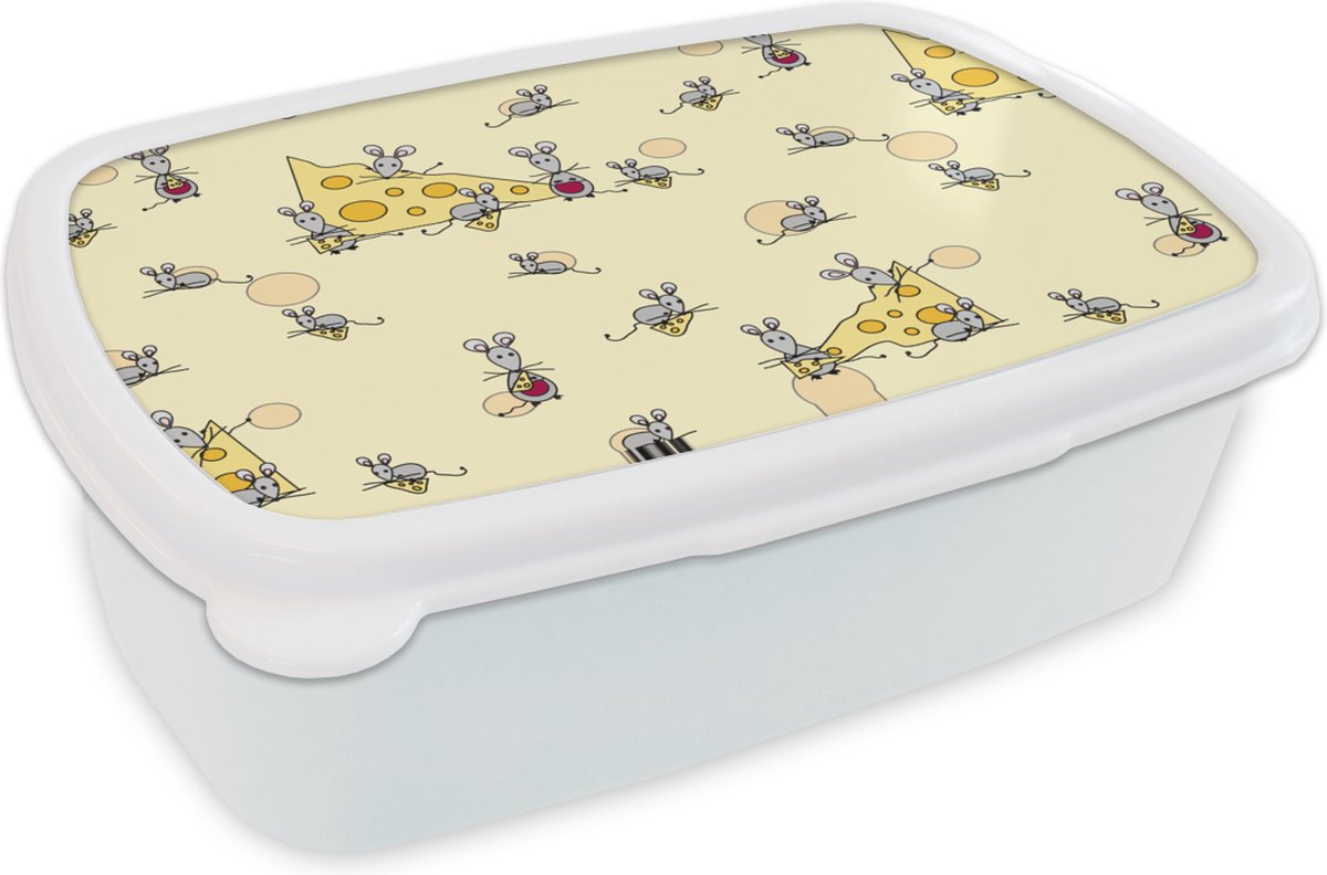 Broodtrommel Wit - Lunchbox - Brooddoos - Kaas - Dieren - Patronen - Muizen - 18x12x6 cm - Volwassenen