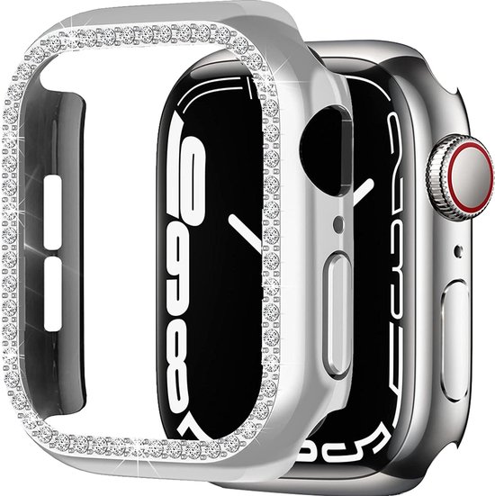 Zilverkleurig Apple Watch hoesje met strass steentjes rondom het scherm. Met digitale wijzerplaat.
