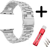 Strap-it Stalen schakel band - Geschikt voor Apple Watch bandje - Series 1/2/3/4/5/6/7/8/9/SE/Ultra (2) - Zilver - Metalen band met RVS vlindersluiting - Maat: 42 mm 44 mm 45 mm 49 mm - Met inkorter toolkit