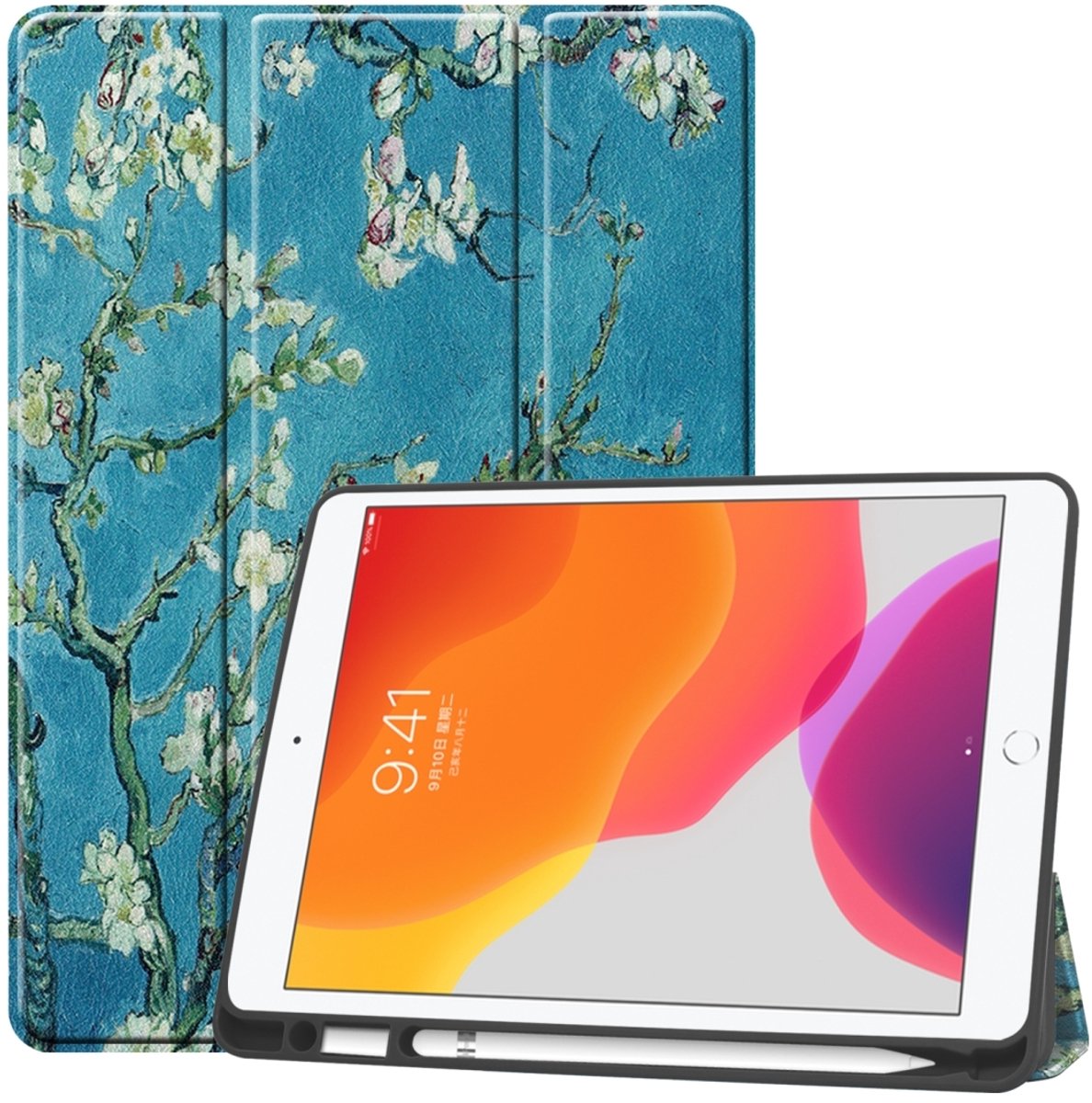 Mobigear Tablethoes geschikt voor Apple iPad 9 (2021) Hoes | Mobigear Tri-Fold Gel Bookcase + Stylus Houder - Amandelbloesem