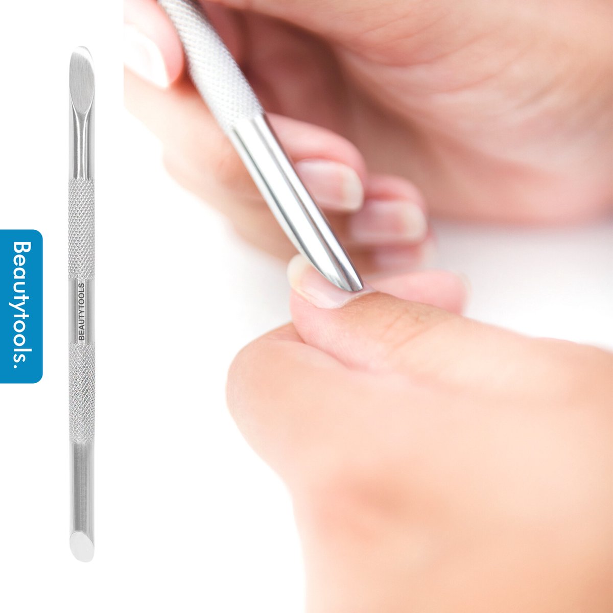 Goedkoopste BeautyTools Bokkepootje - Afgerond Vlak Voor het Achteruit Duwen van Nagelriemen - Dubbelzijdig - Ronde Handgreep - INOX (14 cm) (NP-1680