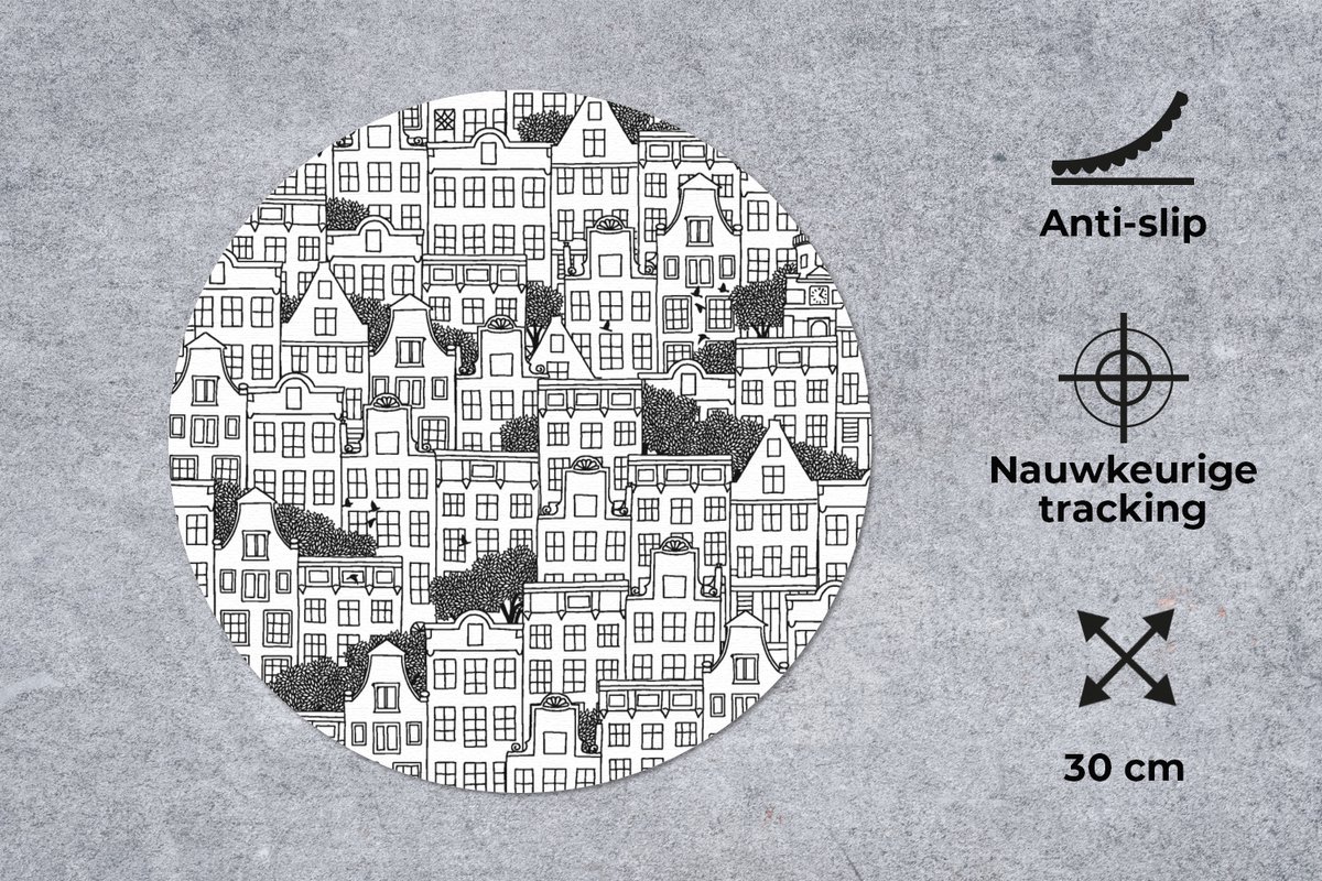 Muismat rond 30x30 cm - Mousepad Amsterdam - Grachtenpand - Zentangle - Ronde muismatten