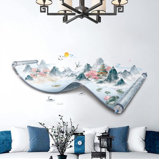 Foto: Chinese stijl muurstickers inkt schilderij bergen en rivieren in de wolken muurstickers eetkamer woonkamer achtergrond muurstickers creatieve muurstickers 70 100cm