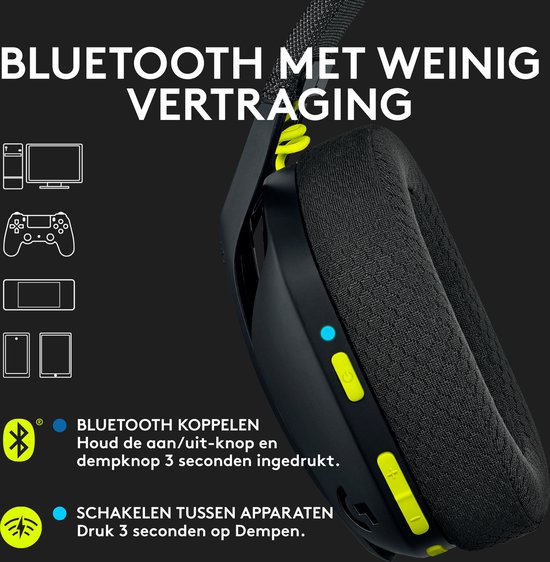Casque G435 noir avec boutons vert lime, instructions d'appairage Bluetooth.