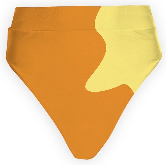Hoge taille bikinibroek in oranje met gele abstracte vlekken.