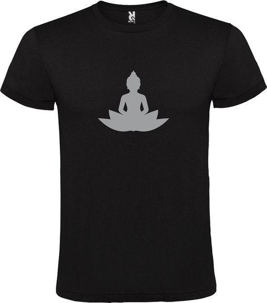 T shirt Zwart avec imprimé "Bouddha sur fleur de lotus" imprimé Argent taille L