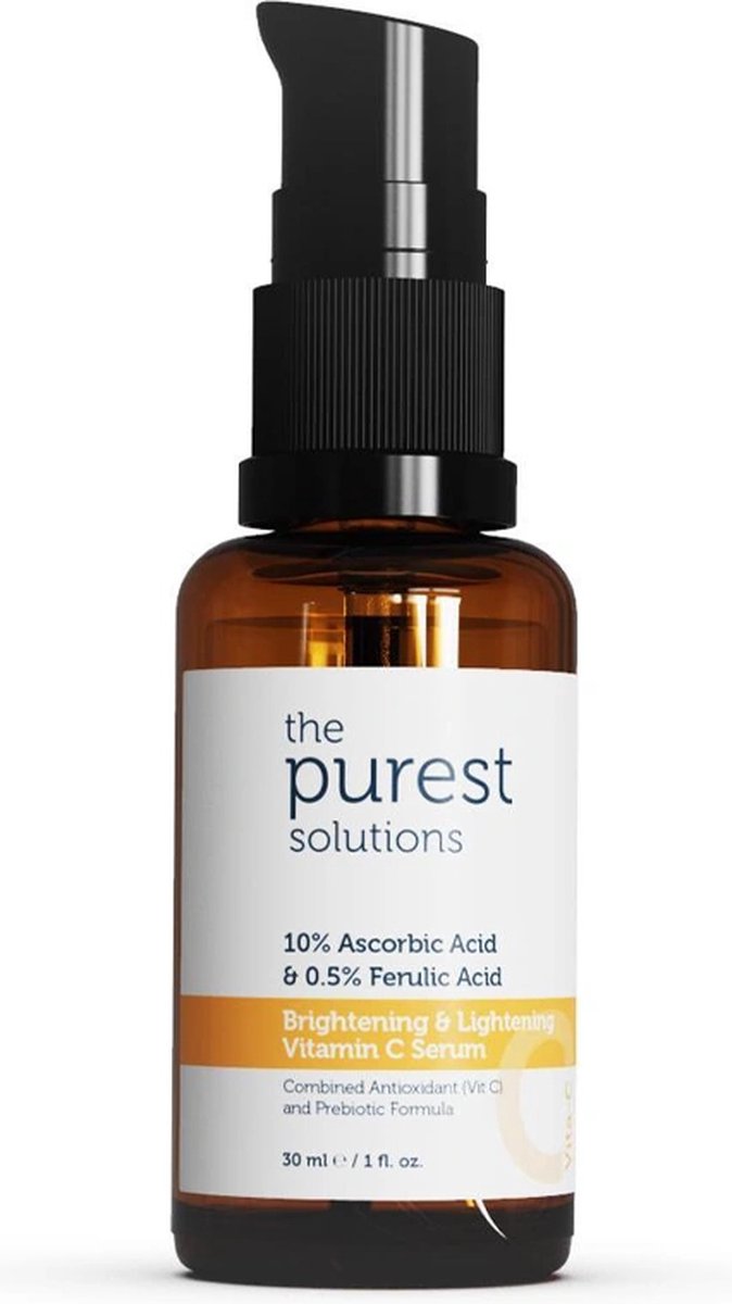The Purest Solutions Brightening & Lightening Vitamin C Serum 10% Ascorbic Acid & Ferulic Acid 0,5% | Vegan | Hyaluronzuur | | Anti-stressverzorging | Huidveroudering | Ongelijkmatige tint | Rimpels en fijne lijntjes | Vermoeide huid