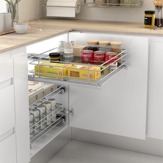 woplus - Keukenlade met softclose [200mm] | Lade voor keukenkast met 2 niveaus | Onderkastlade chroom | Volledig uittrekbare lade voor vloermontage | Uittrekbare keukenkast organizer