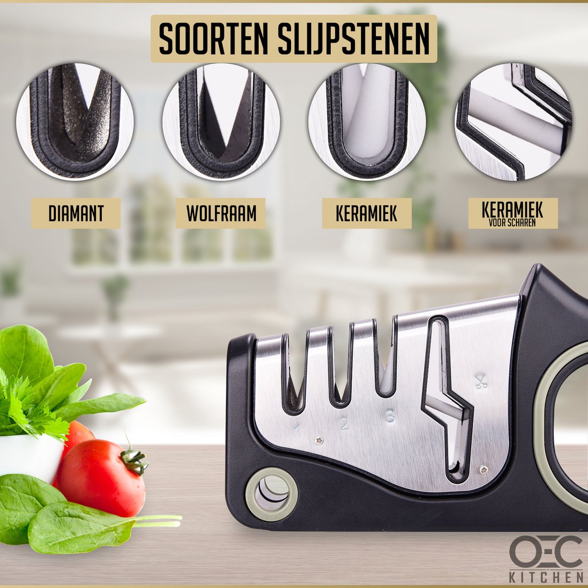 OEC Kitchen Messenslijper & Slijpsteen (18cm) -Slijper met 3 standen -  Scharenslijper... | bol.com