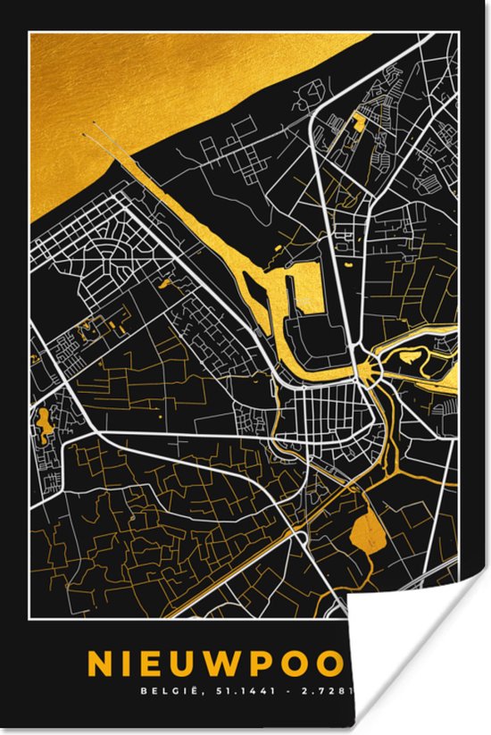 Poster Kaart - Stadskaart - Plattegrond - Nieuwpoort - Goud - 20x30 cm