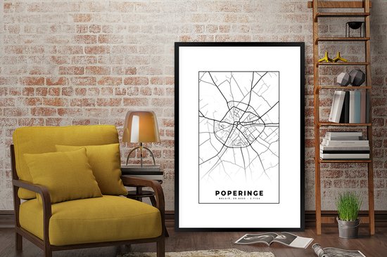 Fotolijst incl. Poster Zwart Wit- België – Poperinge – Stadskaart – Kaart – Zwart Wit – Plattegrond - 80x120 cm - Posterlijst