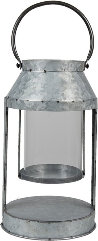 Lantaarn Ø 16*28 cm Grijs Metaal, Glas Rond Kaarsenhouder Sfeerverlichting