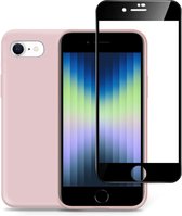 Geschikt voor iPhone SE 2022 Hoesje + Screenprotector – Full Cover Gehard Glas – Suède Back Cover Case Rose