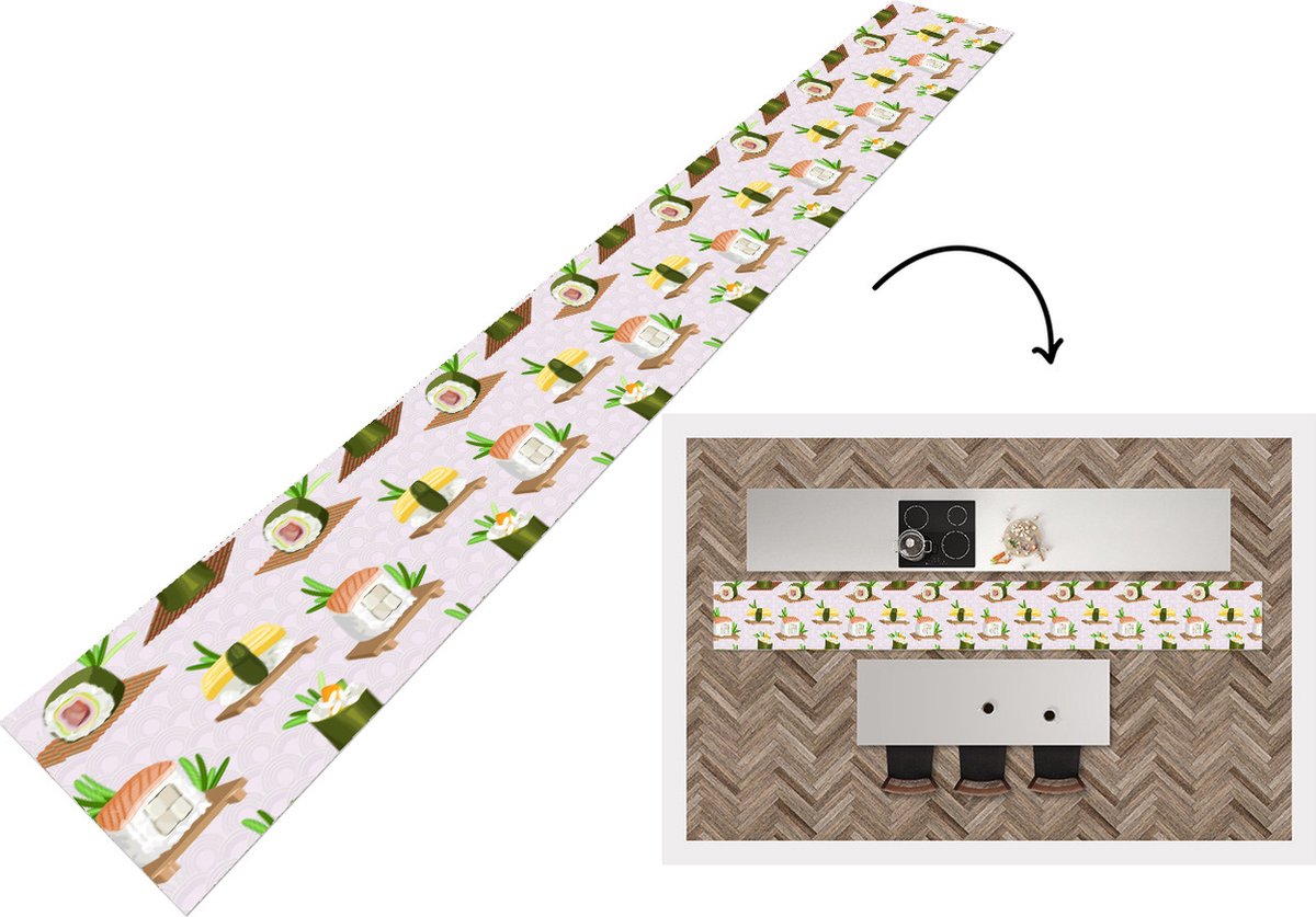 KitchenYeah Keukenloper - Keukenmat - Patronen - Eten - Sushi - Japan - 400x50 cm - Keuken vloerkleed Multicolor