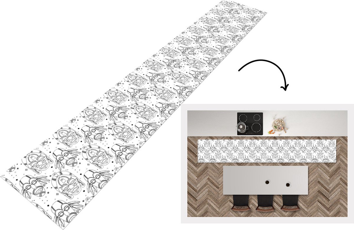 KitchenYeah Keukenloper - Keukenmat - Inca - Maskers - Patroon - Zwart-wit - 360x60 cm - Keuken vloerkleed Zwart; Wit