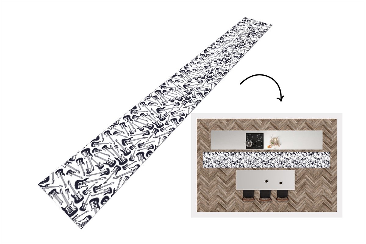 KitchenYeah Keukenloper - Keukenmat - Gitaar - Patronen - Zwart Wit - 400x50 cm - Keuken vloerkleed Zwart; Wit