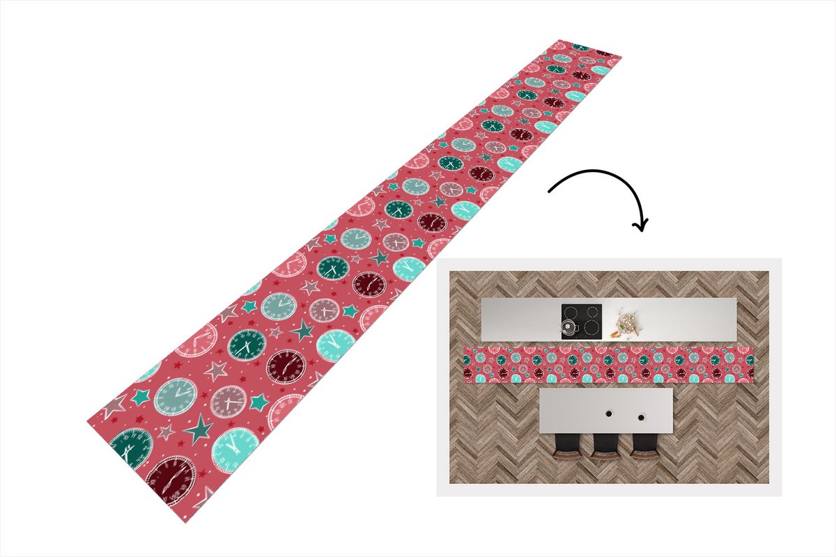 KitchenYeah Keukenloper - Keukenmat - Klok - Roze - Patronen - Sterren - 480x60 cm - Keuken vloerkleed Multicolor