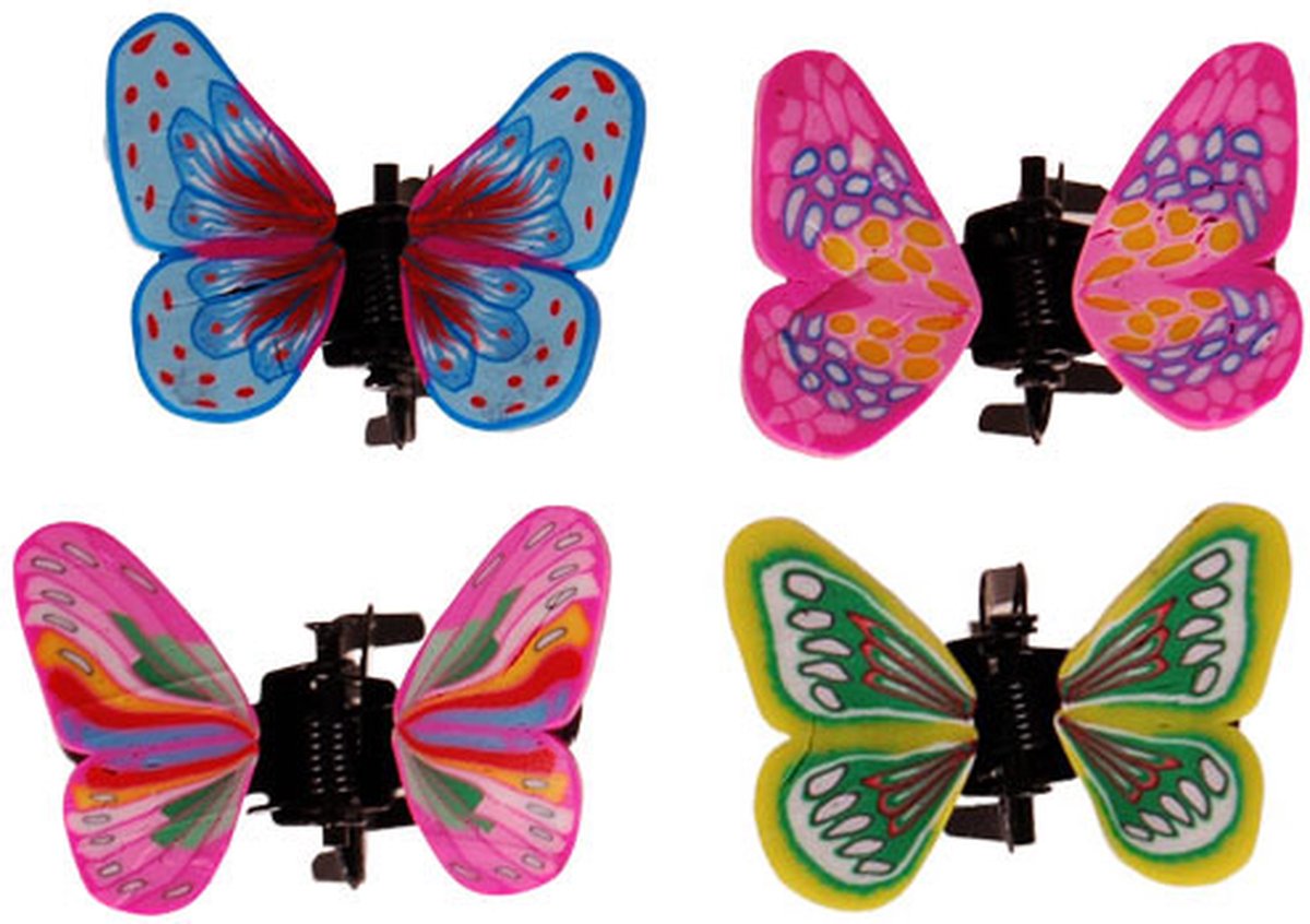 4 Haarklemmetjes met gekleurde vlinders - 3 cm