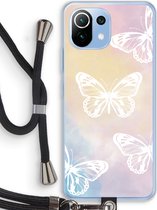 Case Company® - Xiaomi Mi 11 Lite hoesje met Koord - White butterfly - Telefoonhoesje met Zwart Koord - Bescherming aan alle Kanten en Over de Schermrand