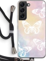 Case Company® - Samsung Galaxy S22 hoesje met Koord - White butterfly - Telefoonhoesje met Zwart Koord - Bescherming aan alle Kanten en Over de Schermrand