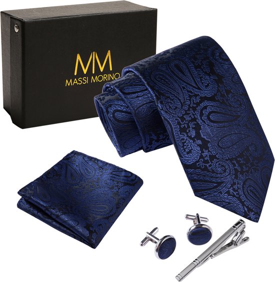 Massi Morino, stropdas met pochet, hoogwaardige set inclusief manchetknopen en dasspeld I Mannen geschenkverpakking