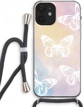 Case Company® - iPhone 12 mini hoesje met Koord - White butterfly - Telefoonhoesje met Zwart Koord - Extra Bescherming aan alle Kanten en Over de Schermrand