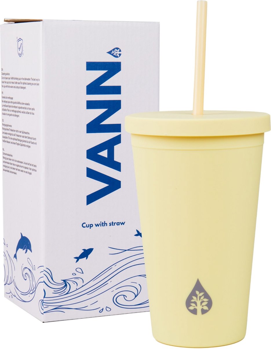 Beker met rietje en deksel starbucks milkshake beker voor take away – herbruikbare plastic drinkbeker geel 500ml - VANN