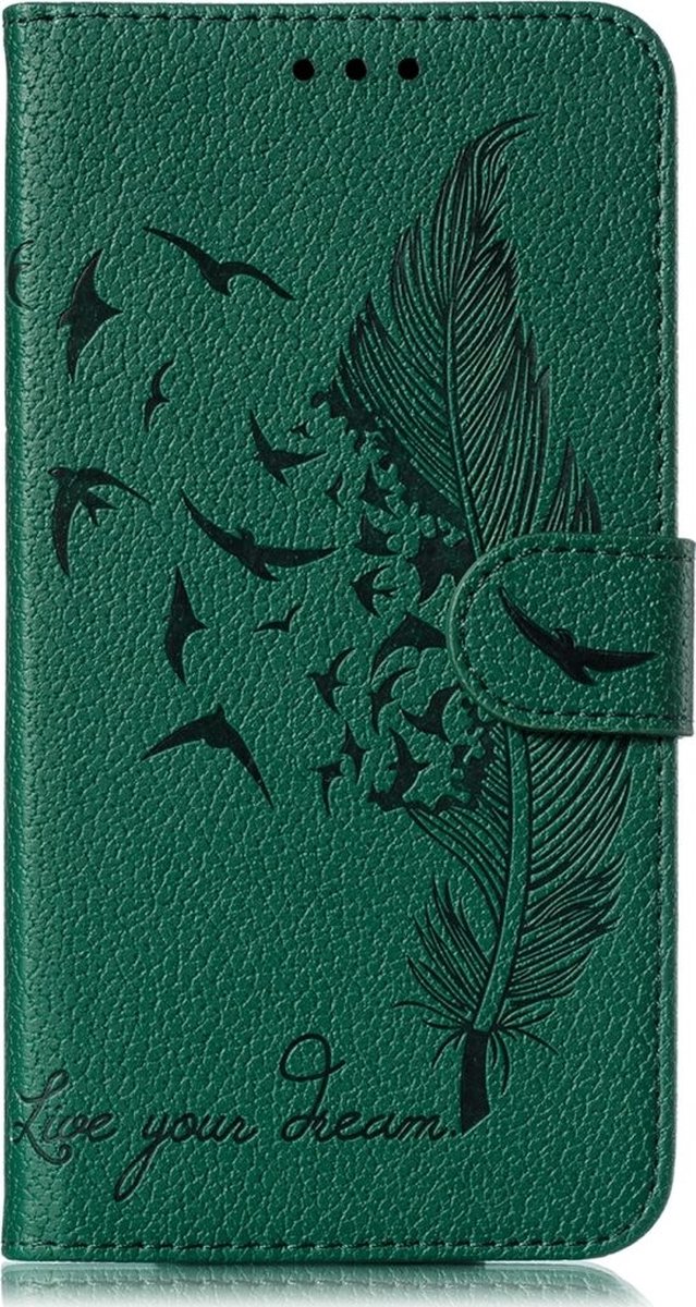 Mobigear Telefoonhoesje geschikt voor Apple iPhone 11 Hoesje | Mobigear Feather Bookcase Portemonnee | Pasjeshouder voor 3 Pasjes | Telefoonhoesje voor Pinpas / OV Kaart / Rijbewijs - Groen