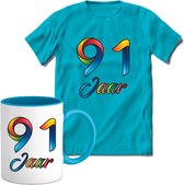 91 Jaar Vrolijke Verjaadag T-shirt met mok giftset Blauw | Verjaardag cadeau pakket set | Grappig feest shirt Heren – Dames – Unisex kleding | Koffie en thee mok | Maat M